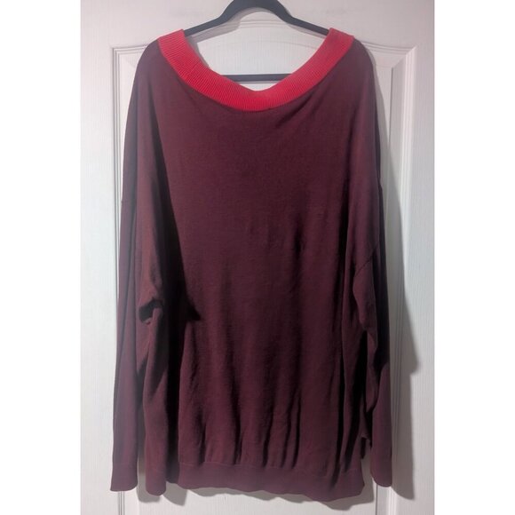 Express | Deep V Contrasting Sweater In Red/Burgundy - Picture 3 of 12